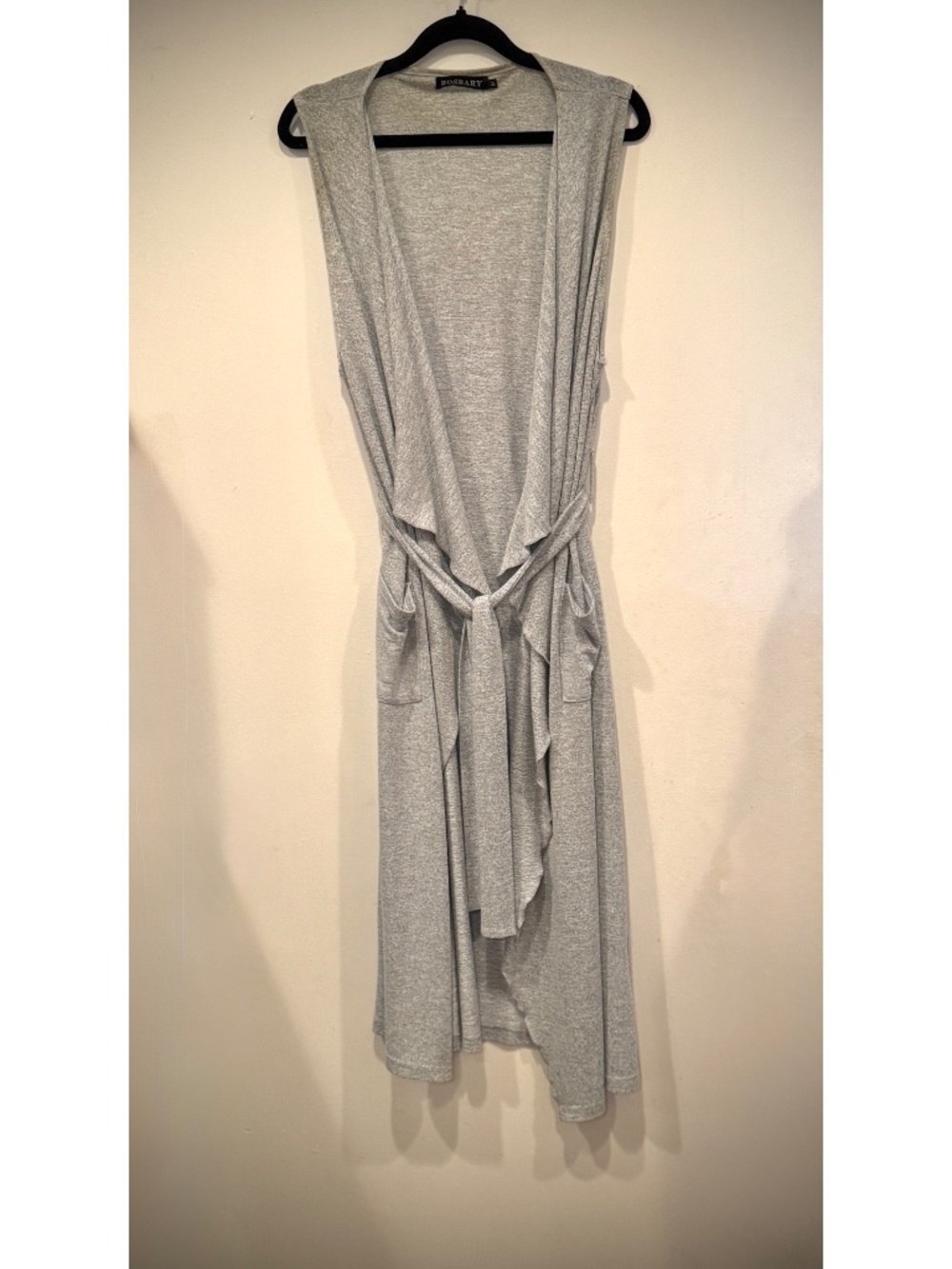 Gray Long Draped Sleeveless Cardigan Vest Belted Pockets M